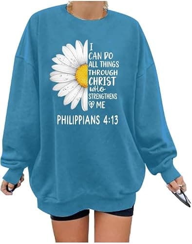 Ladicme Christian Sweatshirts For Women Oversized I Can Do All Things Daisy Graphic Pullover Top Casual Loose Fit Tops - Image 1