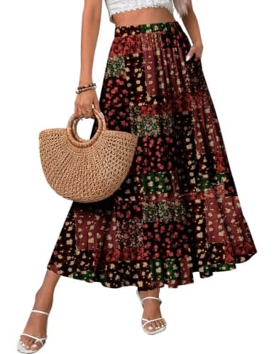 Zeagoo Womens Flowy Maxi Skirt Summer High Waisted Pleated Long Skirts Casual Ruffle Midi Boho Skirt for Vacation Plaid XXL - Image 1