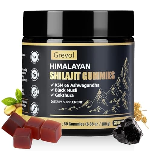 Grevol Himalayan Shilajit Gummies with Ashwagandha - Fulvic Acid & 85+ Trace Minerals - No Added Sugar - Shilajit for Men & Women - 60 Gummy