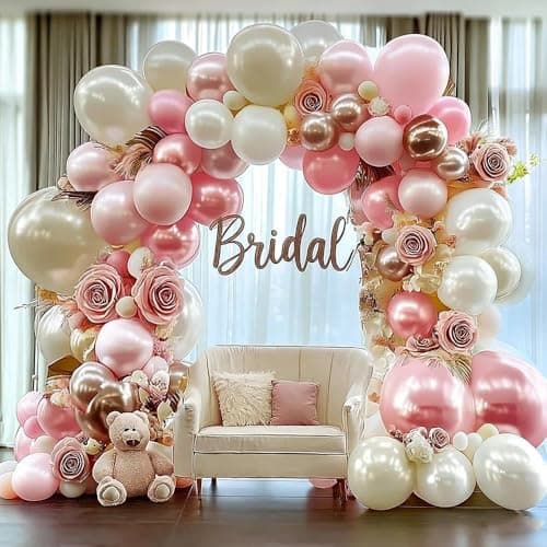 Pink White Balloon Garland Double Stuffed, Pastel Pearl Pink Champagne Gold White Sand Balloon Arch Kit for Mother's Day Birthday Baby Shower Bridal Shower Wedding Party Decorations - Image 1