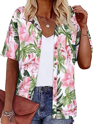 LILYCHIC Women’s Hawaiian Shirts Luau Party Blouses Outfits Aloha Summer Beach Tropical Tops Vacation Plus Size Button Down Short Sleeve Floral Leaf Print Casual Shirt White, XL - Image 1