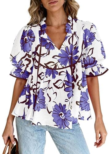 PRETTYGARDEN Womens Summer Tops 2026 Cute Puff Sleeve Ruffle V Neck Babydoll T-Shirts Boho Floral Fall Peplum Shirts(Purple Floral,Medium) - Image 1