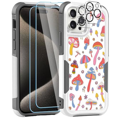 LOQUPE [5 in 1 for iPhone 15 Pro Max Case,with 2 Pack Screen Protector + 2 Pack Camera Lens Protector,Heavy-Duty Tough Rugged Lightweight Slim Shockproof Protective Case for Women,Mushroom Art Design - Image 1