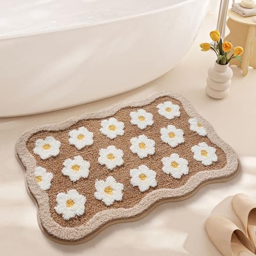 TIQOGRZP Flower Bath Mat, 32" x 20" Cute Bath Mats,Floral Bathroom Rug,Ultra Soft, Absorbent Non Slip TPR, Machine Washable Cute Retro Bathroom Mat,for Bathroom Door(Camellia, 32" x 20") - Image 1