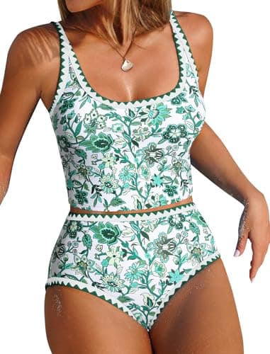 ZAFUL Tankini Swimsuit Tummy Control Bathing Suits Two Piece Swim Top with High Waisted Bottom Shell Stitch Swim Suits 2026 Green Floral XL - Image 1