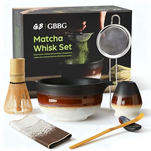 GBBG Matcha Whisk Set, Ceramic Matcha Kit Desert Style, Matcha Whisk and Bowl, Bamboo Scoop and Rest, Sifter and Tea Towel, 7 Pcs Gifts for Matcha Lover - Matte Black
