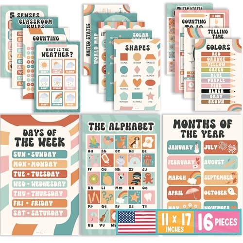 Hadley Designs 16 Educational Posters for Classroom Must Haves - Laminated Pre-K Posters for Toddler Homeschool Essentials, Toddler & Preschool Learning Activities, Kindergarten Classroom Decor