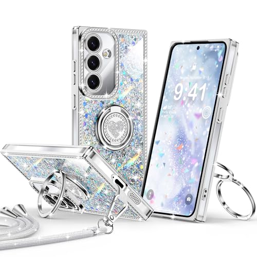 XYZ for Galaxy S25 Case, Glitter Bling S24 Phone Cover with 2-Ring Heart Stand & Lanyard, Women Girls Luxury Rhinestone Shockproof Protective Case para Samsung S25/S24, Silver - Image 1