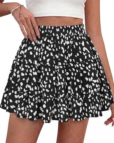 BTFBM Summer Skirts for Women 2026 Floral High Waist Shorts Underneath Boho Tiered Flowy Tennis Skorts Casual Mini Skirt(Floral Black White, Medium) - Image 1