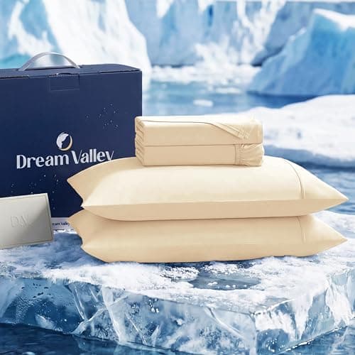 Dream Valley Cooling Sheets Twin Size, Cooling Fitted Breathable Bed Sheets & Flat Sheet with 1 Pillowcase-3 PCS for Night Sweats & Hot Sleepers, Q-Max >0.45 Aerocool, Deep Pocket 16", Light Beige - Image 1