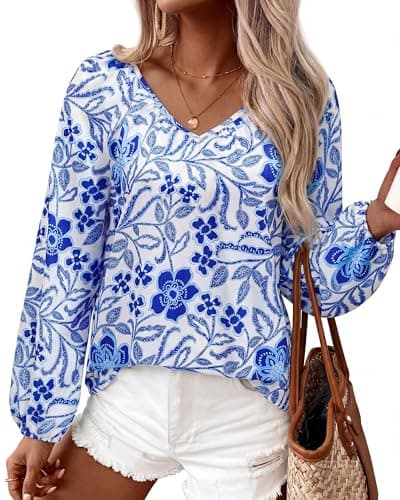 Zenlonr Women's Summer Tops Dressy Casual 2026 V Neck Satin Silk Printed Shirts Boho Long Sleeve Work Blouses(Floral Blue,Medium) - Image 1