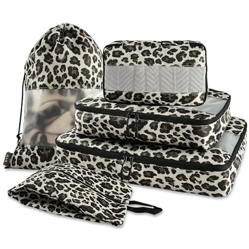 U+U 5 Set Packing Cubes for Travel Essentials Ultralight Luggage Packing Organizers with Laundry Bag and Shoe Bag for Vacation, Business Trip and Camping (Leopard) - Image 1