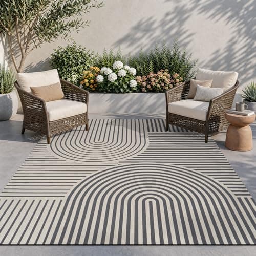 AMOAMI-Outdoor Rug-Patio Rug 5x8 ft Quick Dry Flatweave Textured Machine Washable Outdoor Carpet with Rubber Particles Backing Boho Outdoor Area Rug for Patio Deck Front Porch Balcony Greyish Black - Image 1