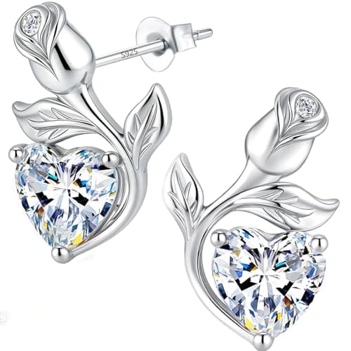 JACUPO 0.8CT Rose Heart Earrings Option of Sapphire Moissanite Stud Earrings Lab-Grown Earrings Birthstone Earrings for Women S925 Sterling Silver Post D Color VVS1 Clarity Ideal Gift for Wife Mother for Birthday Anniversary Mothers Day Gift for Mom Conveying I Love You Message (Apr Moissanite Silver) - Image 1
