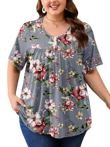 AusLook Plus Size Floral Tunic Tops for Women Pleated Babydoll Blouse Short Sleeve Round Neck Loose Fit Casual Flowy Gray Watercolor Bouquet 3X Tunic Shirts Summer Tops to Wear with Leggings - Image 1