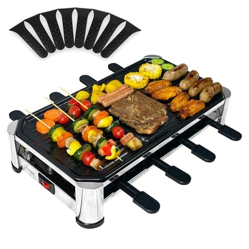 TAMARIT 8-Person Raclette Grill, Electric Party Grill with Nonstick Plate, 8 Pans and Spatulas, 1500 W (Indoor), Stainless Steel - Image 1