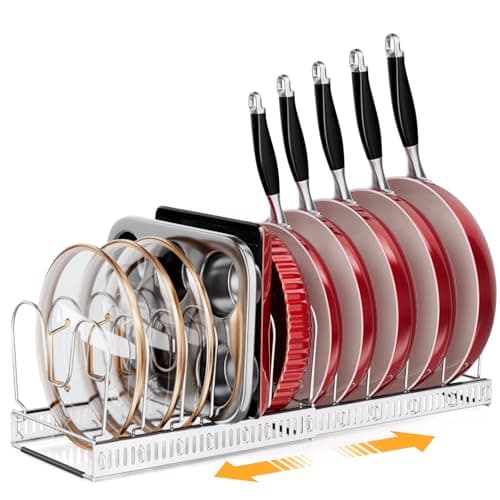 MUDEELA Pot Rack - Expandable Pots and Pans Organizer under Cabinet, Pot Lid Organizer Holder with 12 Adjustable Compartment, Kitchen Cabinet Organizer and Storage for Cutting Board, Skillets Pan - Image 1