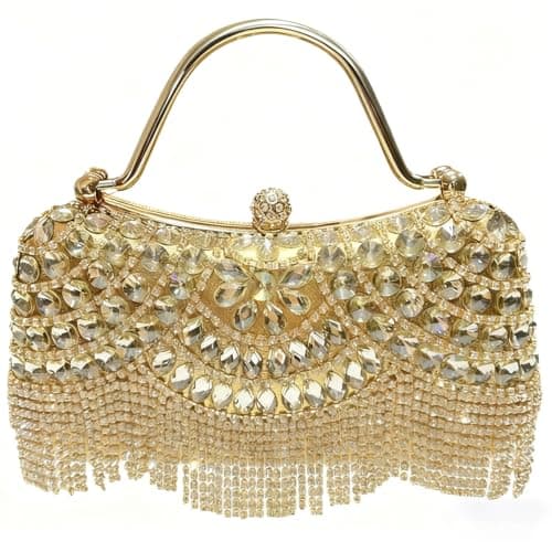 LUKLUKTAISUN 2026 Fringe Rhinestones Clutch Purse for Women Elegant Mesh Evening Bag Crystal Handbag for Cocktail Prom Wedding(Gold) - Image 1