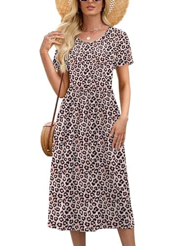 Heymoments Ladies Dresses Floral Print Large Wedding Guest Crewneck Short Sleeves A line Casual Flowy Swing Cocktail Slimming Birthday Party Summer Travel Long Midi Dresses with Pocket - Image 1