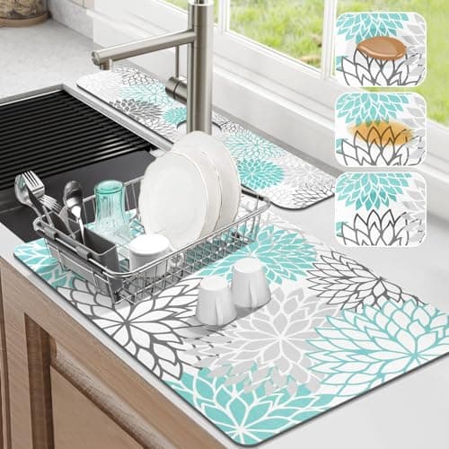 Findosom 2PCS 12" x 20" Dish Drying Mat & 24" x 5.5" Sink Splash Guard, Super Absorbent & Cuttable Dish Mat Drying Kitchen Mat with Teal Floral, Hide Stain Drying Mat for Kitchen Counter - Image 1