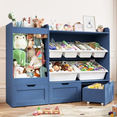 VortinT 50.6" W Large Toy Storage, Kids Toy Organizer Shelf with Stuffed Animal Zoo, 6 Plastic Bins, 3 Rolling Boxes, Wooden Toddler Toy Bookshelf Organization Shelves for Kids Room, Bedroom (Blue) - Image 1