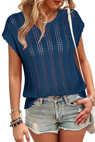 Arach&Cloz Womens Spring Summer 2024 Sweater Vest Cap Sleeve Crew Neck Fashion Casual Sleeveless Trendy Crochet Tops Clothes Vacation Resort Outfits Peacock Blue - Image 1