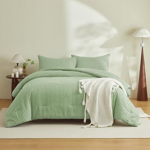 Yuncojin Gingham Duvet Cover Set King Size 3 Pieces Green Plaid Grid Duvet Cover,100% Cotton Plaid Comforter Cover,Farmhouse Checkered Gingham Bedding - Image 1