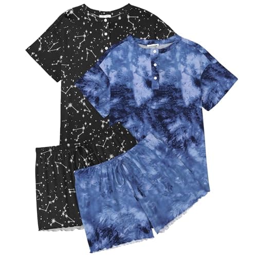 Ekouaer 2 Pack Womens Pajama Sets Short Sleeve Sleepwear Top with Shorts Pjs Soft Comfy Loungewear M - Image 1