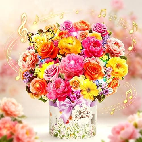 XTF2015 Birthday Cards with MUSIC & LIGHTS, Happy Birthday Card, Peony & Butterfly, 13 Inch Life Sized Forever Flower Bouquet 3D Pop Up Music Cards for Mom Daughter Women Wife - Image 1