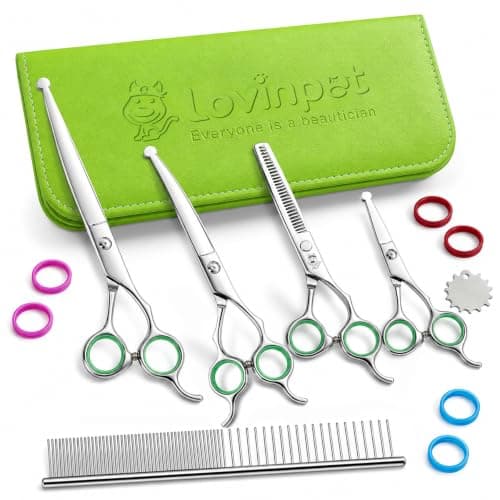 LovinPet 6-in-1 Dog Grooming Scissors Kit, Premium German Stainless Steel Pet Shears Set with Safety Round Tips, Professional Thinning, Curved, Straight & Comb for Dogs Cats
