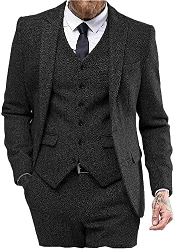 Mens Tweed Herringbone Wedding Suit Prom Tuxedos 3 Piece Peak Lapel Dress(Black,4XL) - Image 1