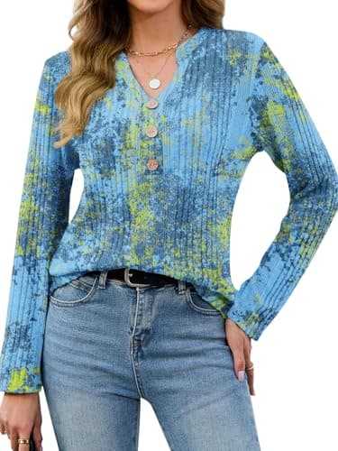 VUTRU Womens Tunic Pullover Sweater Long Sleeve V Neck Knit Henley Shirt Fall Clothes To Wear for Leggings, Blue Tie Dye L - Image 1