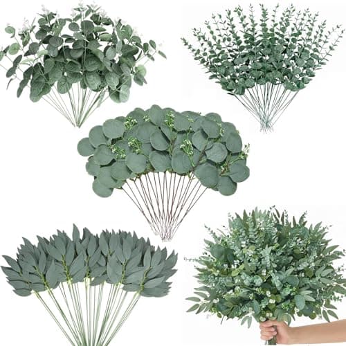 CCPanda 120 Pcs Artificial Eucalyptus Leaves Stems Bulk, Realistic Fake Greenery with 4 Kinds Mixed Silver Dollar, Faux Plants for DIY Floral Arrangements, Wedding Bouquets, Home, Party, Vase Decor - Image 1
