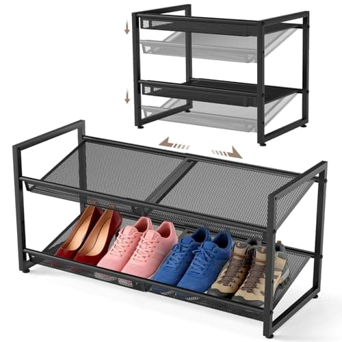 Expandable Shoe Rack, 2 Tier Adjustable Shoe Organizer with Flat & Slant Dual Use Design, Space Saving Shoes Stand for Closet & Entryway, Sturdy Dense Metal Grid Shoe Holder for High Heels, Sneakers - Image 1