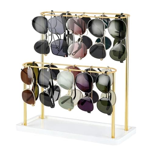 Himake Sunglasses Organizer Glasses Holder Stand for 28 Pairs of Eyewear, 2 Tier Eyeglasses Display ,Gold Sunglass Storage Rack Metal Frame with Wood Base for Table Desk Countertop Dresser Bedroom - Image 1