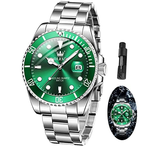 OLEVS Wrist Watch for Men with Day Easy to Read Luminous Dial Stainless Steel Waterproof Dress Classic Mens Silver Watches Serrated Bezel Green Dial para Mujer - Image 1