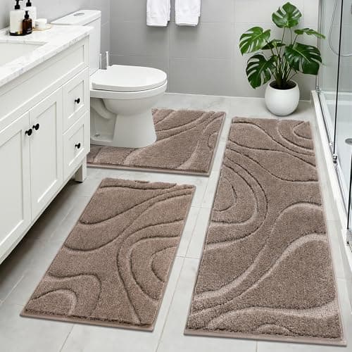 HEBE Microfiber Bathroom Rugs Sets 3 Piece,Super Absorbent Non Slip Bath Mats Rugs for Bathroom,Washable Bath Mat and U-Shaped Contour Toilet Rug Set for Tub Shower Bath Carpet - Image 1