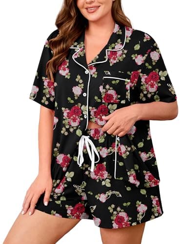 AusLook Plus Size Printed Pajama Set for Women Short Sleeve Button Down Sleepwear 2 Piece Loungewear with Pockets Notch Collar Drawstring Pajama Shorts Soft Comfy PJ 2X Set - Image 1