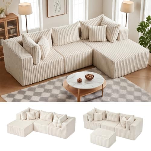 PATAVOT 104 Inch Cloud Couch Sectional,Corduroy Boneless Couches for Living Room,L-Shaped Modular Sectional Sofa with Removable Ottoman and Deep Seat,No Assembly Required,Beige - Image 1