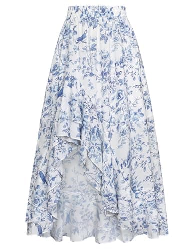 Women's Floral Maxi Skirts High Waist Summer Boho Flowy Ruffle Long Skirt with Pockets Sapphire Bird M - Image 1
