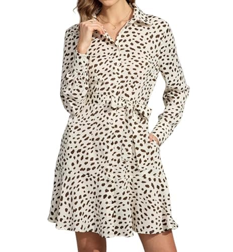 Ystguic Women Collar Business Button Up Shirt Dress with Tie Waist Belt for Ladies Casual Work Office Elegant Plain Dresses Small YG012 White Leopard S - Image 1