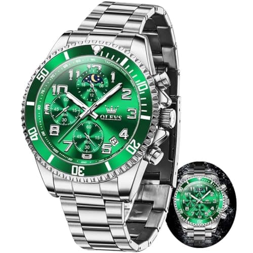 OLEVS Watches for Men Green Big Face Silver Stainless Steel Dress Chronograph Moon Phase Mens Watches Analog Quartz Cheap Waterproof Luminous Fashion Men's Wrist Watches - Image 1