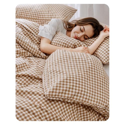 Yuncojin Gingham Duvet Cover Set Queen Size 3 Pieces Plaid Grid Duvet Cover,100% Cotton Plaid Comforter Cover,Farmhouse Checkered Gingham Bedding - Image 1