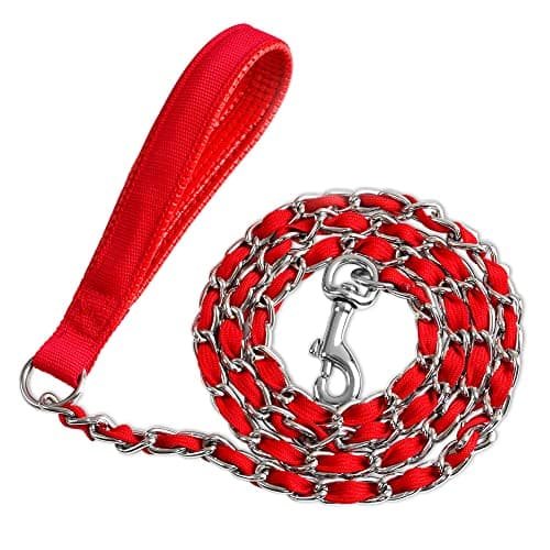 LUFFWELL Heavy Duty Metal Dog Chain Leash with Comfortable PU Leather Padded Handle, Chew Proof for Medium Large Pooch Walking Training (6FT 3.0mm Red) - Image 1