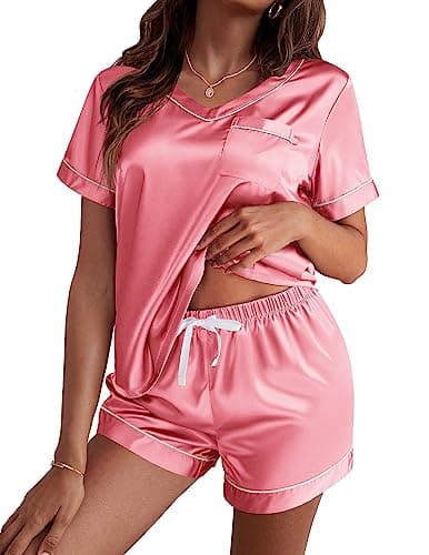 Ekouaer Silk Pajama for Women Short Sleeve Satin Pj Set Two Piece Soft Sleepwear Loungewear Casual Pjs for Summer Rose Pink S - Image 1