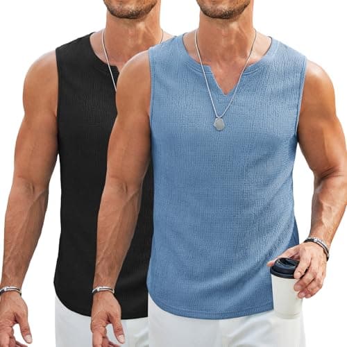 COOFANDY Casual Sleeveless Tops Mens V Neck Tank Tops Summer Knit Sleeveless Tank 2 Pack Textured Muscle Tees Black/Blue - Image 1