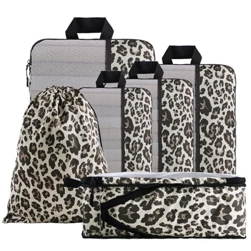 U+U 6 Set Compression Packing Cubes - Travel Organizers with Laundry Bag, Space-Saving Suitcase Organizer, Expandable Packing Organizers for Travel Essentials (Leopard) - Image 1