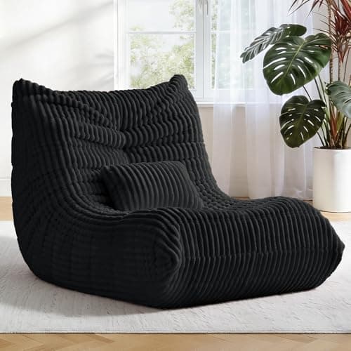 Bean Bag Chair with Lumbar Pillow, Gaint Bean Bag Chairs for Adults, Oversized Corduroy Beanbag Chair with Memory Foam Filled, Lazy Floor Sofa for Reading Gaming Living Room Bedroom (Black) - Image 1