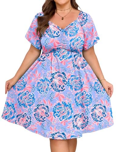 HUSKARY Midi Dresses for Women 2026 Summer Plus Size Sweetheart Neckline Flare Short Sleeve A Line Elastic Waist Casual Knee Length Dress with Pockets - Image 1