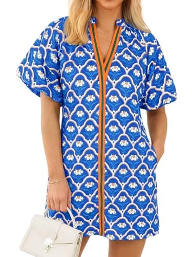 Wenrine Womens Summer Dresses Casual Floral Puff Sleeve V Neck Boho Loose Beach Mini Dress with Pockets Blue - Image 1